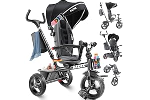 KIDIZ® Dreirad 6in1 Kinderdreirad mit Schubstange Lenkbar ab 9 Monaten bis 25Kg Jogger vorwärts & Rückwärtsfahrt, Korb Tasche Getränkehalter Sonnendach Gummiräder Buggy Fahrrad Baby Klappbar Schwarz