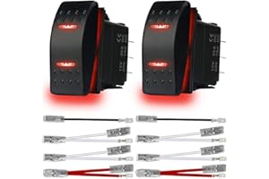 MKBKLLJY 2Pcs Automatic Lock Rocker Switch Toggle On/Off/On 3 Position Waterproof DC 12V/20A 24V/10A 7Pin DPDT Red LED Light, with Jumper Wires Set for Marine Boat Truck Car Caravan RV SUV ATV
