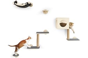 FUKUMARU Étagères Murales pour Chat, Set de 5 Meubles Muraux, Grimpeur en Bois Stable avec Hamac, Maison, Marches et Poteau à Griffer, Gris