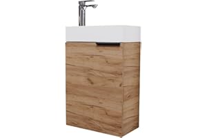 Planetmöbel Lavabo con armario, 40 cm, en color roble dorado, con grifo cromado, juego de muebles para cuarto de baño e inodoro de invitados