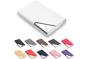 Waylipun Business Card Holder, Professional PU Leather & Stainless Steel Business Name Card Case, Keep Business Cards in Immaculate Condition, Slim Metal Pocket Card Holder with Magnetic Shut(White)