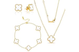JunMallko Vierblättriges Kleeblatt Schmuckset für Damen und Mädchen, 18K Vergoldet Vierblättriges Kleeblatt Halskette Ohrringe Armband, Muttertagsgeschenke, Geschenke Valentinstag Geburtstags (Weiß)