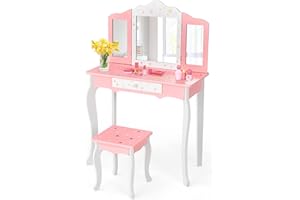 LIFEZEAL Toeletta per Bambina con Sgabello e Specchio a 3 Lembi, 2 in 1 Set di Tavolo da Trucco in Legno per Ragazze,Tavolino con Coperchio Rimovibile e Cassetto (rosa)