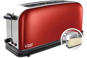 Russell Hobbs Grille Pain [Fente extra large et longue 2 Toasts/ 1 Tranche baguette] Colour+ Rouge (6 Niveaux de Brunissage rapide, Surélévation, Décongèle & Réchauffe, 1000W) Toaster 21391-56