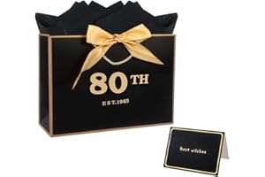 NWVUOP 80th Birthday Gift Bag with Tissue Paper and Card - 11.0× 8.0× 4.0 Inches Black 80th Gift Bag for Men Women