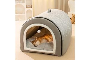 MONBAER Niche 2 en 1 pour chiens avec coussin anti-anxiété doux et chaud, niche apaisante pliable, lit igloo antidérapant, amovible et lavable (L: 60 x 45 x 40 cm)