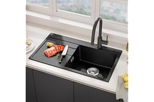 CECIPA Spülbecken Schwarz 78 x 45 cm, Spüle Küche aus Granit mit Abtropffläche, Küchenspüle für 45 cm breite Unterschränke, Waschbecken Küche Einbauspüle inkl. Siphon sowie Ab- und Überlaufgarnitur