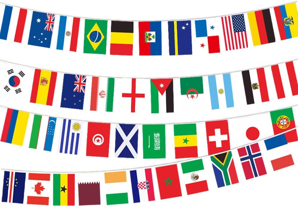 World Cup Bunting Flags 48 Teams Flags, 15M 48pcs Bunting Flags Double Sided Fabric Banner for 2026 World Cup Football Party Decoration
