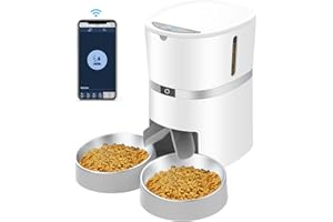 WELLTOBE Distributeur Croquettes Chat Automatique 4L pour Chats & Chiens | Intelligent WiFi 2.4G | contrôle APP | Programmable | Bols Doubles | Fonction d'enregistrement 10s | Max.6 Repas (Blanc)
