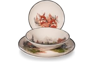 H&H, Set Tavola Autunnale Golden Woods 18 Pezzi – Piatti in Stoneware con Decoro Boschi e Cerbiattini, Perfetto per Natale e Occasioni Speciali in Montagna