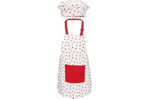 Jennice House Kids Apron and Chef Hat Set, Cute Children Baking Aprons for Boys and girls Cooking Artists Painting Gardening Aprons (Red Strawberry, Large)