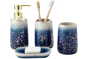 SHILANMEI Ceramics Bathroom Accessories Set, 4 Piece Marble Bathroom Countertop Accessory Set Home Decor Accessories with Soap Dispenser, Toothbrush Holder, Bathroom Tumbler, Soap Dish