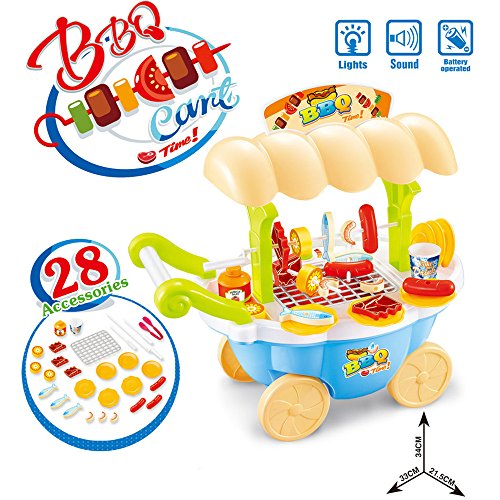 Preisvergleich Produktbild LONGLOVE Kinder Simulation Multi-Funktions-Elektro-Mini-BBQ-Grill Küchenutensilien Spielhaus Trolley-Spielzeug-Set (Gelb)