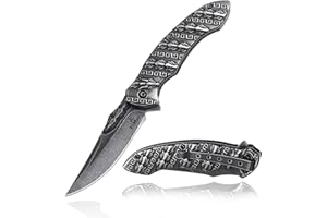 YiMai Cuchillo Plegable, Navaja de Bolsillo con cerradura grabado patrón mango, Cuchillo Plegable para Acampar, Pesca, Caza, Senderismo (lavado piedra)