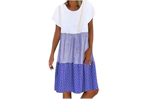 ZEIAYUAS Summer Dress for Women UK Sale Clearance Boho Midi Sundress V Neck Short Sleeve Vintage Dresses Retro Elegant T-Shirt Dresses Beach Holiday Color Block Dress Office Casual Party Dress