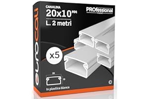 EUROCALI Canalina Passacavi 20x10 mm in plastica bianca con coperchio Lunghezza 2 metri - Pacco da 5 Canaline (10m)