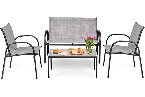 COSTWAY Ensemble Salon de Jardin 4 Pcs, Ensemble Table et Chaises Extérieur 4 Places, Chaise Extérieure en Textile Cadre en Fer, Table Basse Vitrée, pour Baclon, Terrasse, Patio, Gris/Noir(Gris)