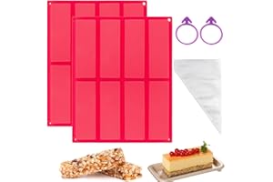 FWHFNB 2 Pezzi Stampi da forno per barrette di cereali,Stampo Rettangolare in Silicone a 8 Cavità,con 100 sac à poche usa e getta,senza BPA,per barrette di cereali,Torrone,Cioccolato,Torte (Rosso)