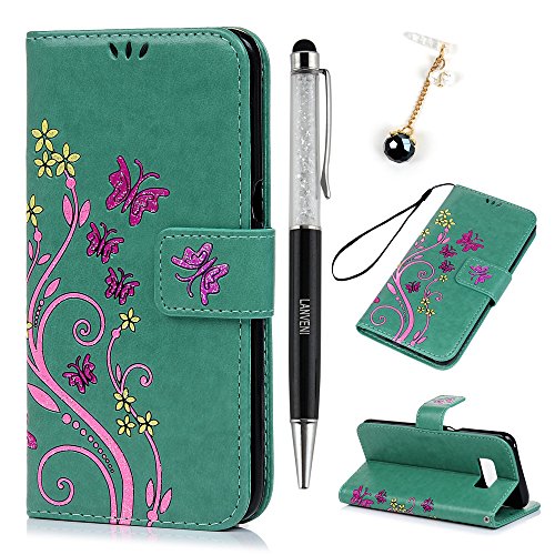 Lanveni Samsung Galaxy S8 Hülle, Handyhülle für Samsung Galaxy S8 Flip Case Cover PU Lederhülle Schutzhülle Magnetverschluss Ledertasche mit Stander Function Brieftasche Card Slot Handy Tasche mit Bunte Schmetterling Cover Design (Mintgrün)+ 1 x Stylus Pen + 1 x Staubdichte Stecker