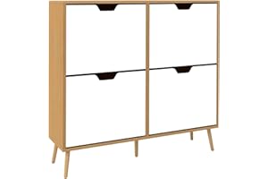 HOMCOM Mueble Zapatero con 4 Cajones Abatibles y Estantes Ajustables Armario de Zapatos de Pasillo para 8-16 Pares de Zapatos Zapatero Estrecho para Entrada 95x26x95 cm Natural