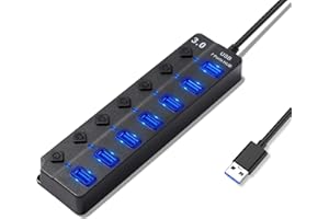 Hoppac Hub - Adaptador 7 en 1 con USB 3.0 y 6 Puertos 2.0, Múltiple para PC con Interruptor Independiente e Indicador LED, Longitud de Línea 1m