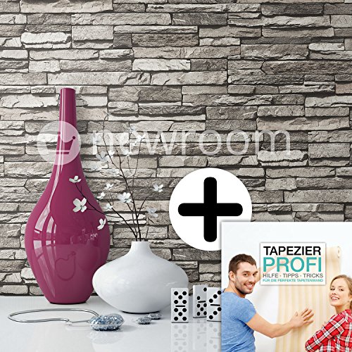 Steintapete Vlies Grau Edel | schöne edle Tapete im Steinmauer Design | moderne 3D Optik für Wohnzimmer, Schlafzimmer oder Küche inklusive NewroomTapezier-Profibroschüre, mit Tipps für perfekteWände