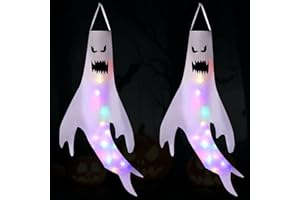 HUARSION Halloween Deko Outdoor - 2 Stück Geist Dekoration Mit LED Lichterkette, Windsack Ghost Windsock Flagge, Horror Gruselig Hängen Geist Garten Dekoration Party Deko