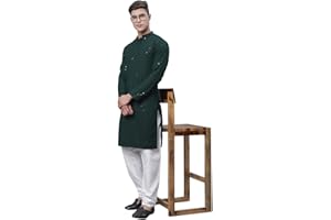 Sojanya (Seit 1958 Herren Pyjama-Set aus reiner Baumwolle, senffarben, bestickt, Pailletten, Kurta und Weiß