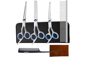 ‎AUSYIWI AUSYIWI 7 Stück Hundeschere Set Profi, aus Edelstahl mit Runder Sicherheitsspitze, Fellschere Inkl Effilierschere, Gebogene, Gerade Schere, Fellpflegekamm, für Hunde, Katzen