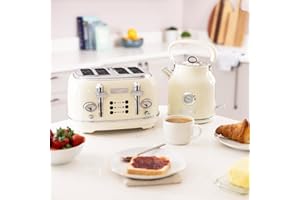 CHARLES BENTLEY Kettle And Toaster Set, 1.7 Litre Kettle, & 4 Slice Toaster Set, Cream and Chrome, Fast Boil, 360 Degree Swivel Base, 6 Settings, Removable Water Filter, Non Slip Feet (32x29x28.8cm)
