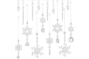 BURKFEEG 16 Piezas de acrílico Ornamentos de árbol de Navidad,Colgante Copos de Nieve Colgante Colgante,Joyería de árbol de Navidad de Cristal Transparente con línea para Decoraciones de Fiesta de árbol