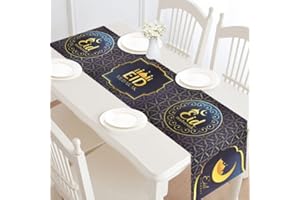 TSLBW Eid Mubarak Table Runner, Linen Star Moon Mosque Tablecloth Ramadan Muslim Islamic Party Table Decor for Home Dinning Room Decoration 13.7 x 70.8 inches (A)