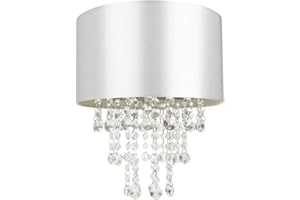 Modern and Eye-Catching Grey Satin Fabric Pendant Light Shade with Hanging Transparent Acrylic Droplets | 30cm Diameter by Happy Homewares