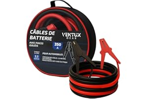 VENTUX GEAR Câbles de démarrage de batterie de voiture professionnels || 350 A - 3,5 m. Fabriqué en cuivre pur et revêtu de PVC résistant aux intempéries || Pinces isolées et protection de polarité inversée.