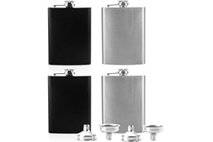 Tebery Lot de 4 flasques étanches en acier inoxydable 227 ml avec 4 entonnoirs gratuits Idéal comme cadeau de mariage Noir et argenté