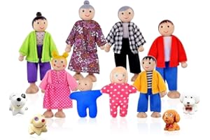 Riisoyu 8 Pezzi Famiglia Di Bambole Di Legno, Casa Delle Bambole in Finta Accessori di Legno Piccole Con Cane Miniature Pupazzi Flessibili Casa Delle per Bambini Casa da Gioco Idea Regalo