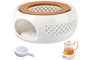 KOIROI Ceramiczny podgrzewacz do dzbanka do herbaty, podgrzewacz ceramiczny z nakładką z korka, biały podgrzewacz do herbaty wydrążony design z łyżeczką, piec na podgrzewacze do utrzymania ciepła herbaty i kawy