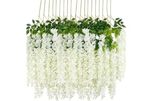 HANYUN 12Pcs Artificial Wisteria Flowers 43 inch/Piece White Dense Artificial Fake Wisteria Vine Ratta Hanging Garland Silk Flowers String Home Party Wedding Decor(White-Dense）