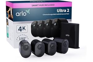 Arlo Ultra 2 Camara de Vigilancia WiFi Exterior 4K, Camara de Vigilancia WiFi Interior, Sensor de Movimiento, Alarmas Para Casa, Visión Nocturna Color, Prueba Arlo Secure Incluida , 4 Cámaras, Negras