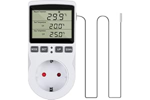 CJBIN Temperaturregler Steckdose 230V mit Fühler, Digital Thermostat Steckdose Temperaturschalter mit Timer und Sonde, Steckdosenthermostat für Gewächshaus Terrarium Aquarium Heizung Kühlung