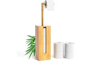 Rainsworth Porte Papier Toilette sur Pied avec Rangement pour 4 Rouleaux, 2-in-1 Porte Rouleau Papier Toilette sur Pied en Bois, HBT 71,6 x 15,5 x 15,5cm, Distributeur Papier Toilette en Bambou