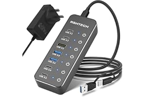 RSHTECH Powered USB Hub, 7-Port USB-C Hub Splitter with 3x 10Gbps USB 3.2 Data Port (2C+1A), 4x 5Gbps USB 3.0 Ports (2C+2A), Aluminum USBC Multiport Adapter with 3.3ft USB C/A Long Cable