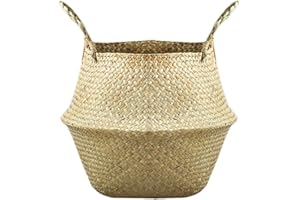 ARTOCT Cesta de hierba marina tejida con asas, cesta de almacenamiento de lavandería tejida de hierba marina natural plegable para macetas de plantas de almacenamiento, cesta de juguetes, lavandería, picnic