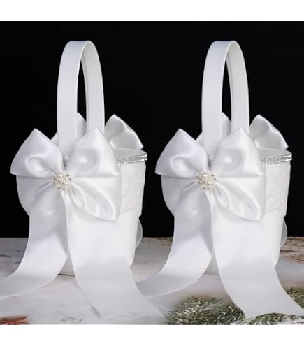 Satin-Hochzeitskorb & Ringkissen Set – Weiß/elfenbein, Mit Kirschen-Schleife, Für Blumenmädchen & Ringträger