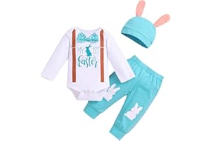 OFIMAN Baby Boy My First Easter Outfit Newborn Long Sleeve Bow Tie Romper Rabbit Trousers with Hat 3PCS Easter Clothes Set