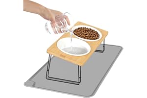 Lnueovcn Raised Cat Bowl 2PCS, Ceramic Cat Food Bowls With 15° Tilted Wood Stand Anti Vomiting, Elevated Cat Bowls for Food and Water, Bamboo Cat Feeding Station with Cat Food Mat for Cats and Puppy