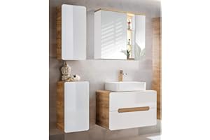 Lomadox Badmöbel Set in Hochglanz weiß mit Wotan Eiche Nb., 80 cm Waschtisch-Unterschrank mit Keramik-Waschbecken, LED-Spiegelschrank