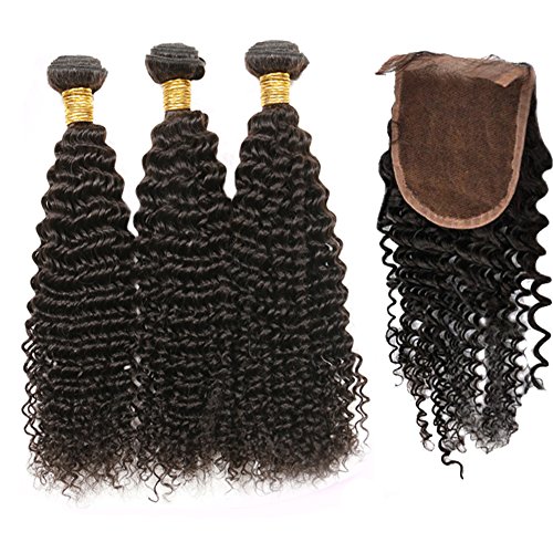 Sunny Brazilian Kinky Curly Virgin Human Hair Weave 3 Bundles 12" with 1 Piece Lace Closure 10"4*4" Natural Black Full Head Human Hair Extensions