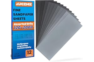 Aucenix 12PCS Sandpaper, 120 to 2000 Mixed Grits Assorted Sanding Paper Pack for Wood, Fine & Coarse Wet & Dry Waterproof Abrasive Paper Sheets for Walls, Metal Plastic, Furniture Finishing, Polishing