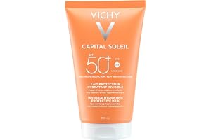 Vichy Capital Soleil Färsk fuktgivande mjölk SPF50+ för ansikte och kropp, mycket högt skydd SPF50+ från UVA- och UVB-strålar, vit randlös hydratiserad hud, med Vichy Vulkaniskt vatten, 150 ml